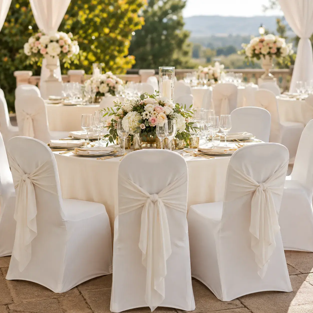 White chair cover rentals in Orange County, California, with elegant tied sashes, round event tables, floral centerpieces, and outdoor reception decor.