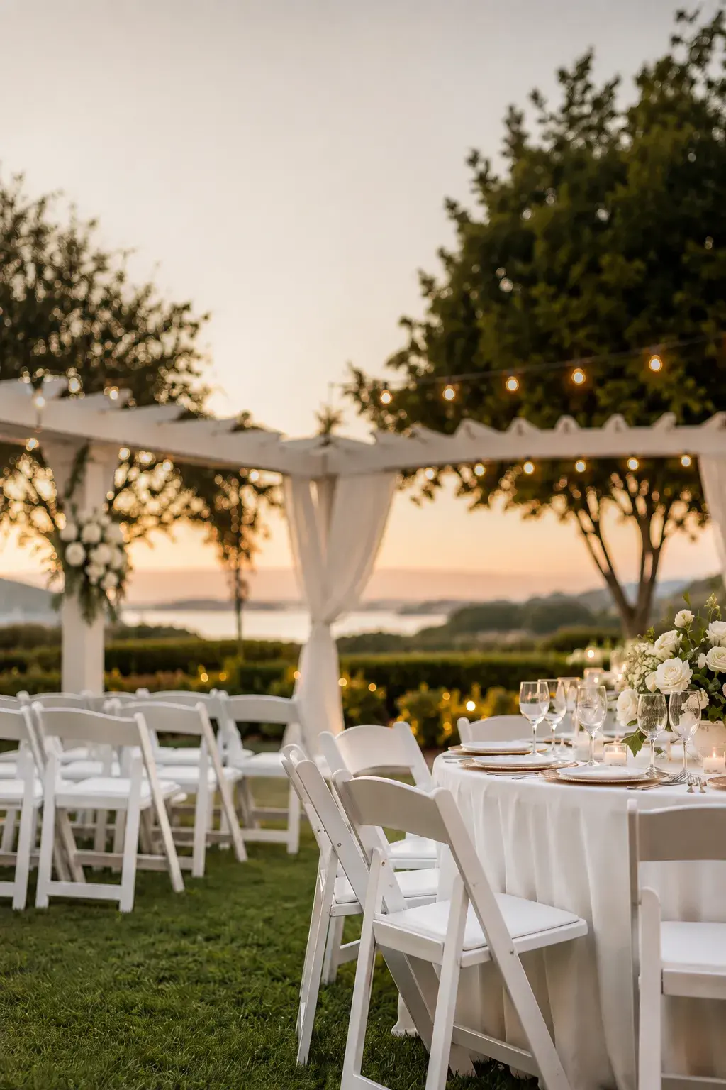 White chair rentals for an outdoor event in Orange County, California, with ceremony seating, round table setup, floral decor, and warm string lights.