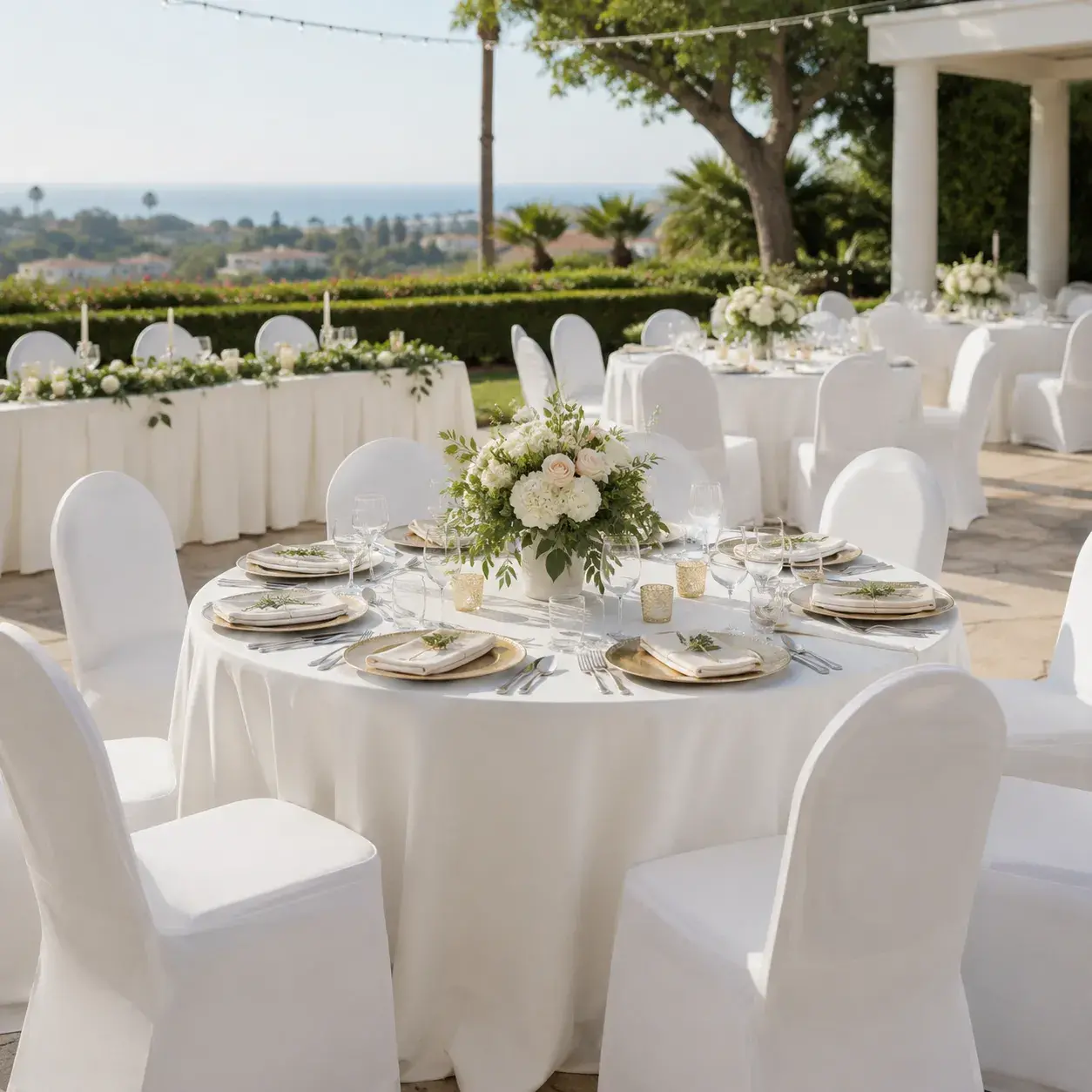 White event tent rental by Ramos Party Rentals with elegant tables, chairs, lighting, and shade for outdoor celebrations.