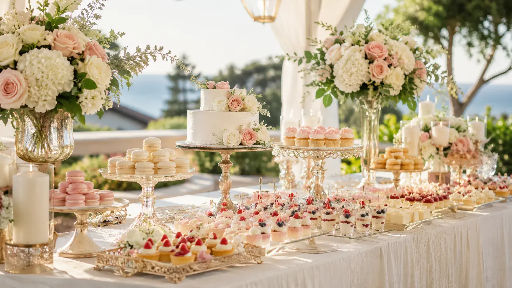 Elegant dessert and buffet table setup in Orange County, California, with cake, cupcakes, macarons, floral arrangements, candles, and outdoor event decor.