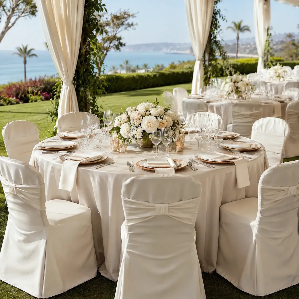 Elegant white dance floor rental by Ramos Party Rentals under a decorated event tent with floral arrangements, string lights, and reception tables.