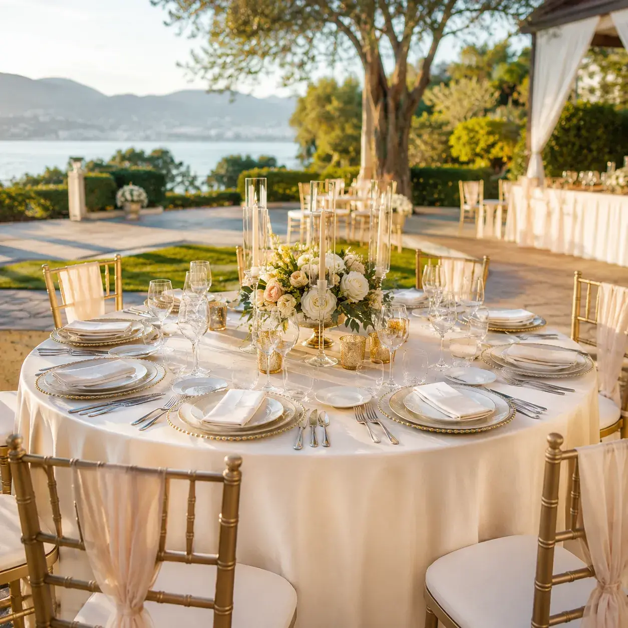 Elegant round event table in Orange County, California, with gold chairs, floral centerpiece, candles, fine tableware, and outdoor sunset setting.