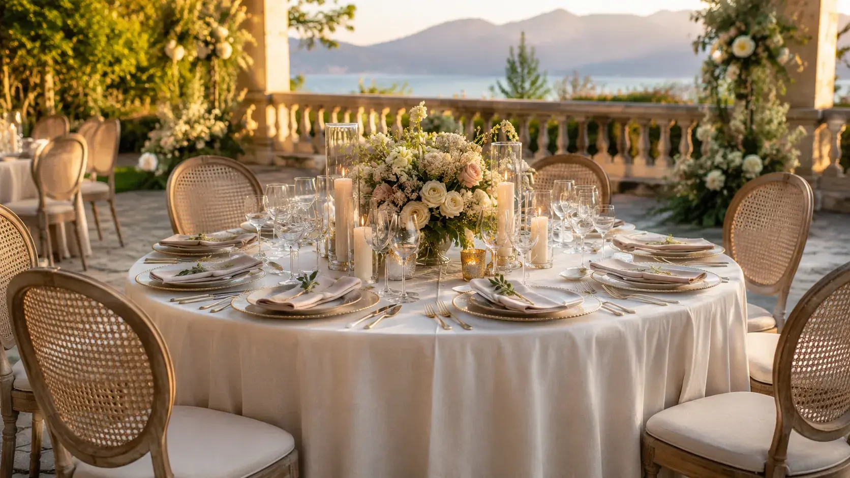 Elegant round table rental setup in Orange County, California, with linen, floral centerpiece, candles, glassware, fine tableware, and outdoor event view.