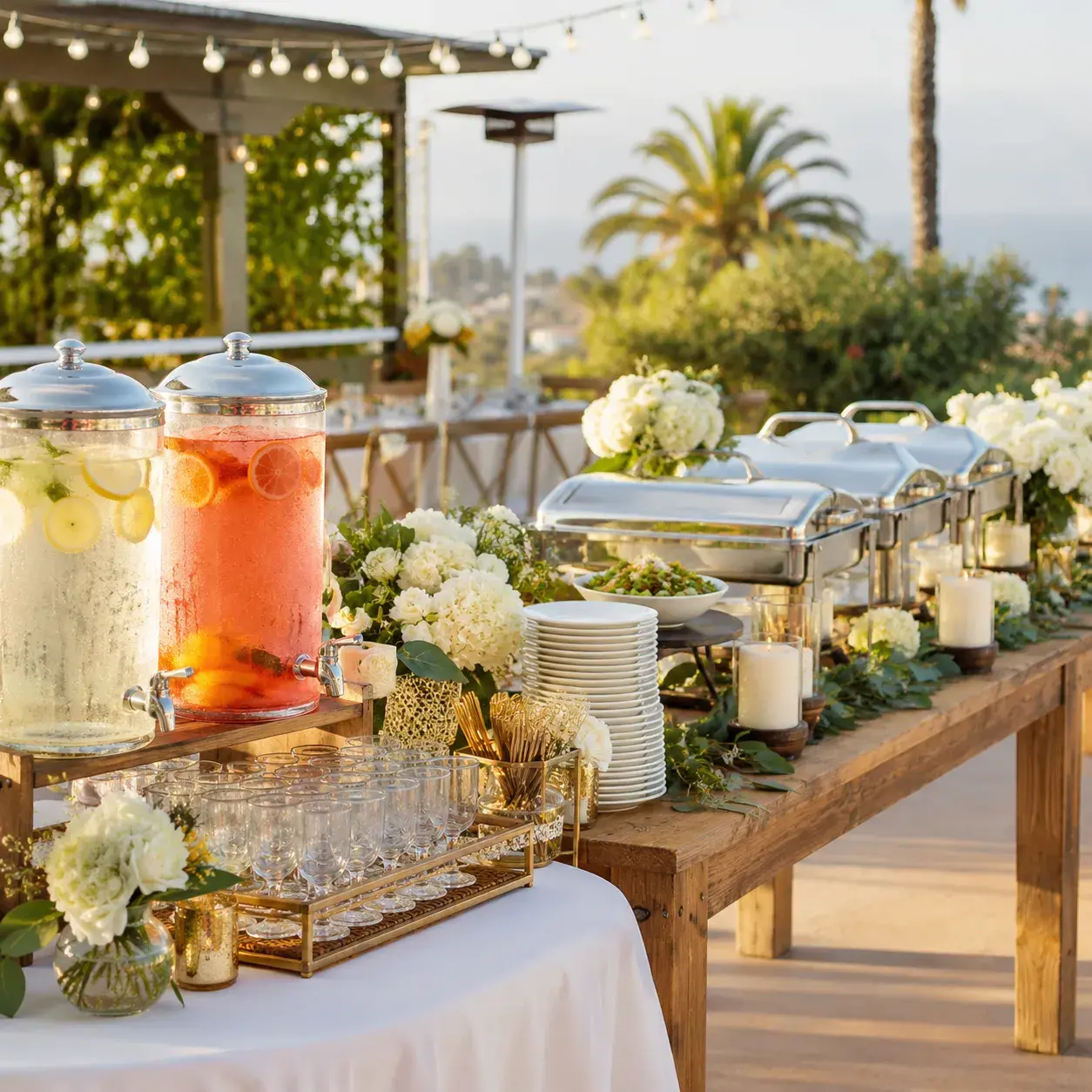 Elegant white dance floor rental by Ramos Party Rentals under a decorated event tent with floral arrangements, string lights, and reception tables.