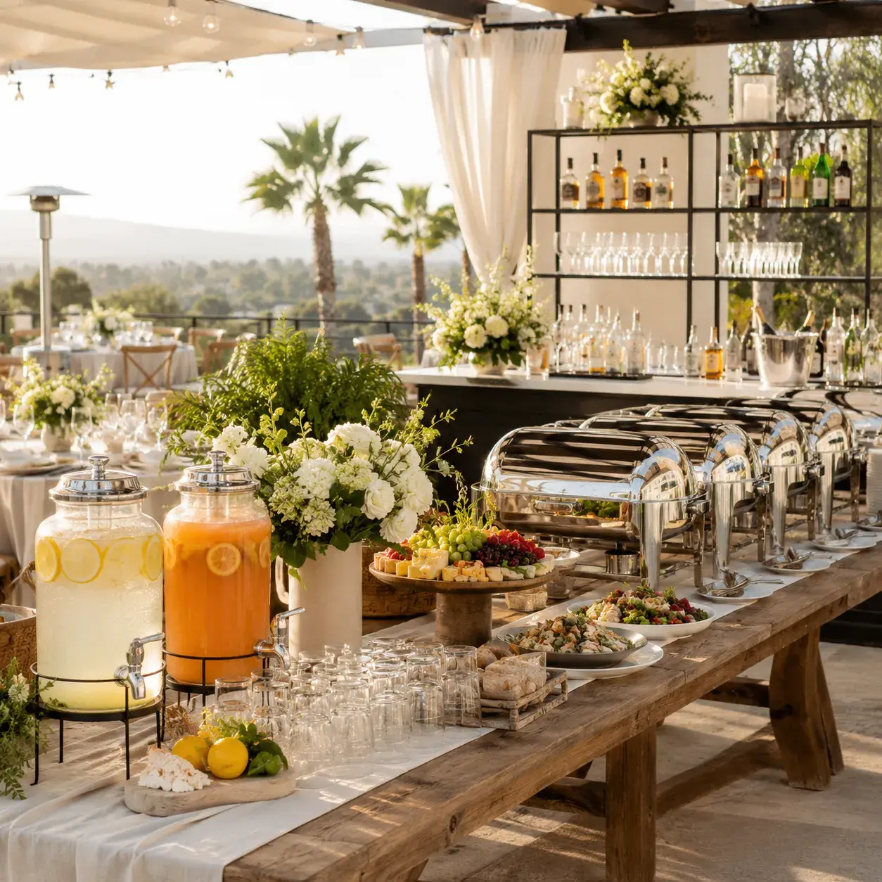 White event tent rental by Ramos Party Rentals with elegant tables, chairs, lighting, and shade for outdoor celebrations.