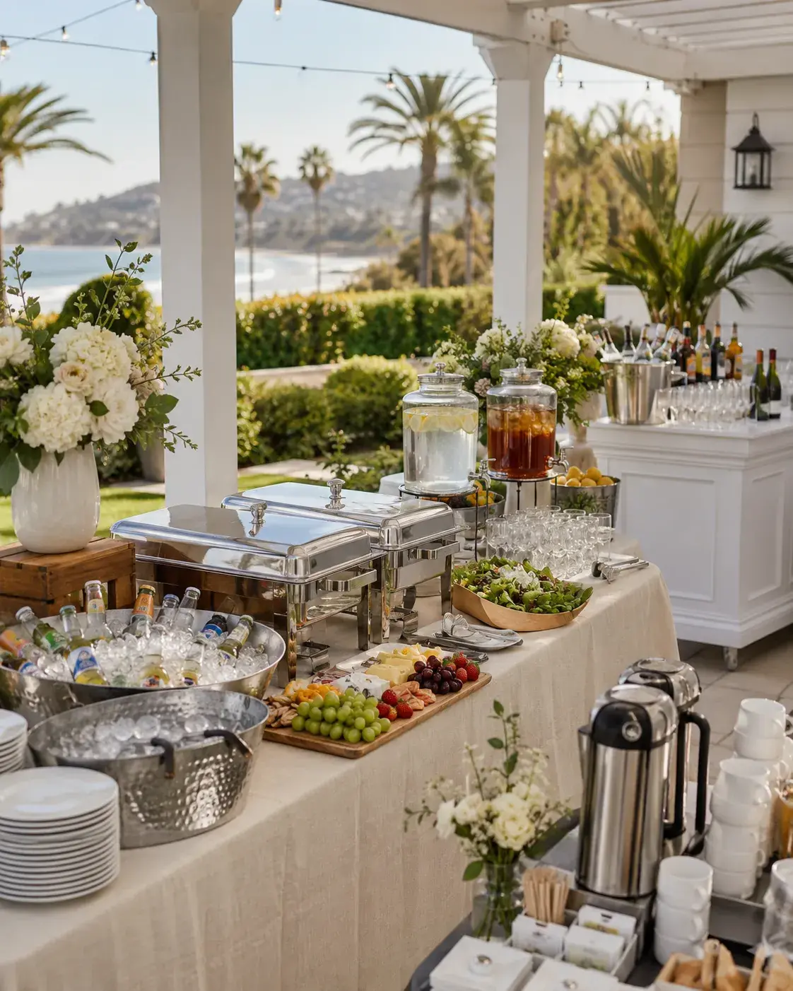 Elegant round event table in Orange County, California, with gold chairs, floral centerpiece, candles, fine tableware, and outdoor sunset setting.