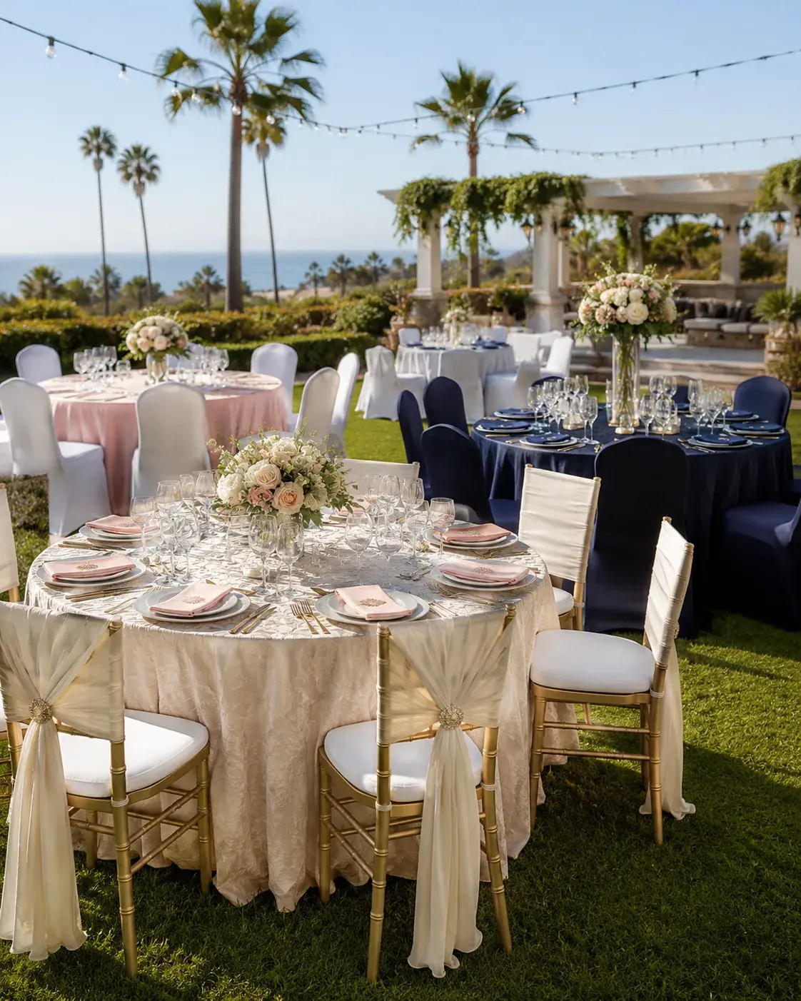 Elegant round event table in Orange County, California, with gold chairs, floral centerpiece, candles, fine tableware, and outdoor sunset setting.