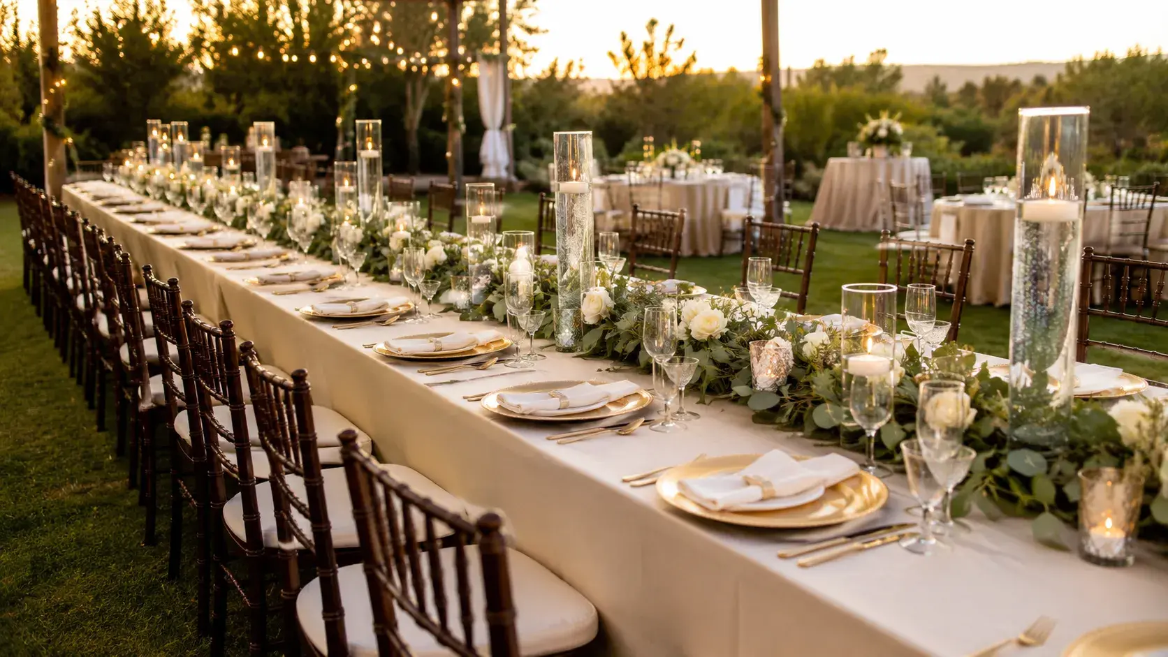 Elegant long banquet table setup in Orange County, California, with wooden chairs, floral garland, candles, glassware, and outdoor event lighting.