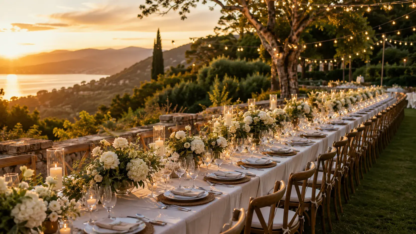 Elegant long outdoor event table in Orange County, California, with wooden chairs, floral centerpieces, candles, string lights, and sunset views.