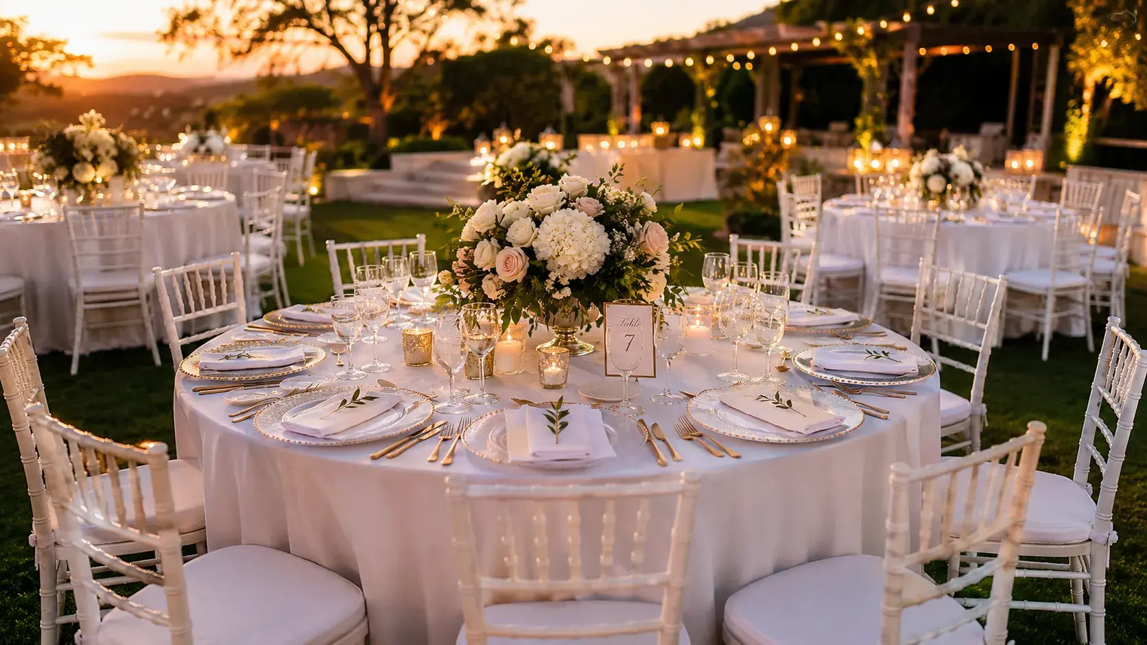 Elegant round table setup for an outdoor event in Orange County, California, with white chairs, floral centerpiece, candles, and sunset lighting.