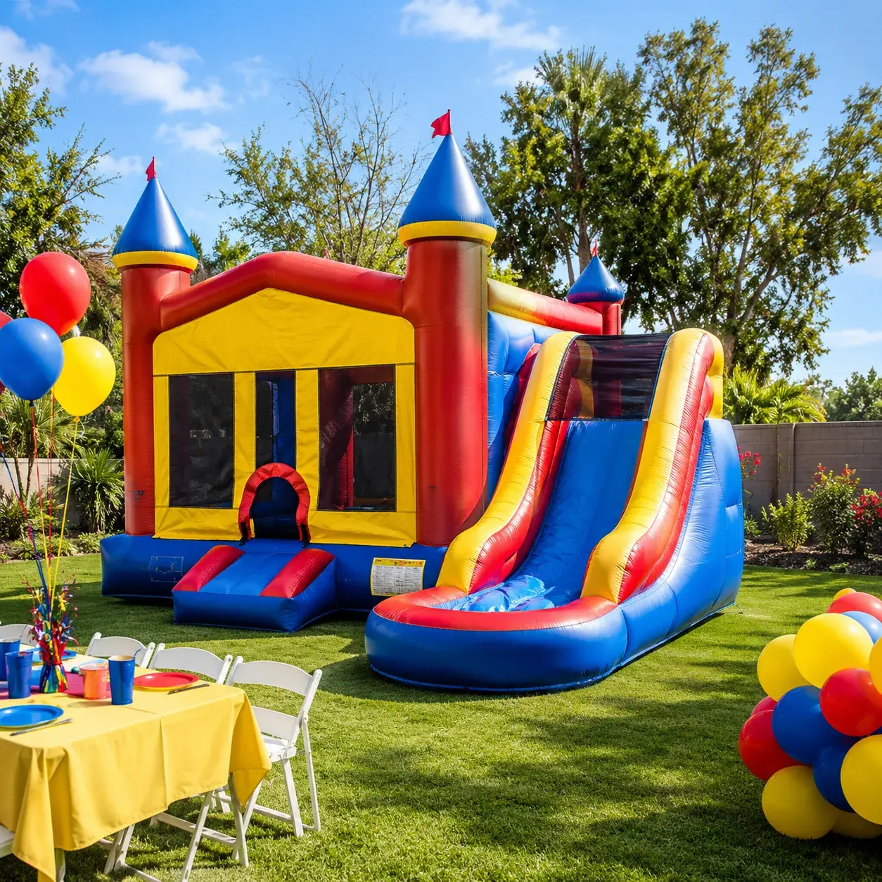 Colorful bounce house and inflatable slide rental by Ramos Party Rentals for birthdays, family parties, and outdoor celebrations.