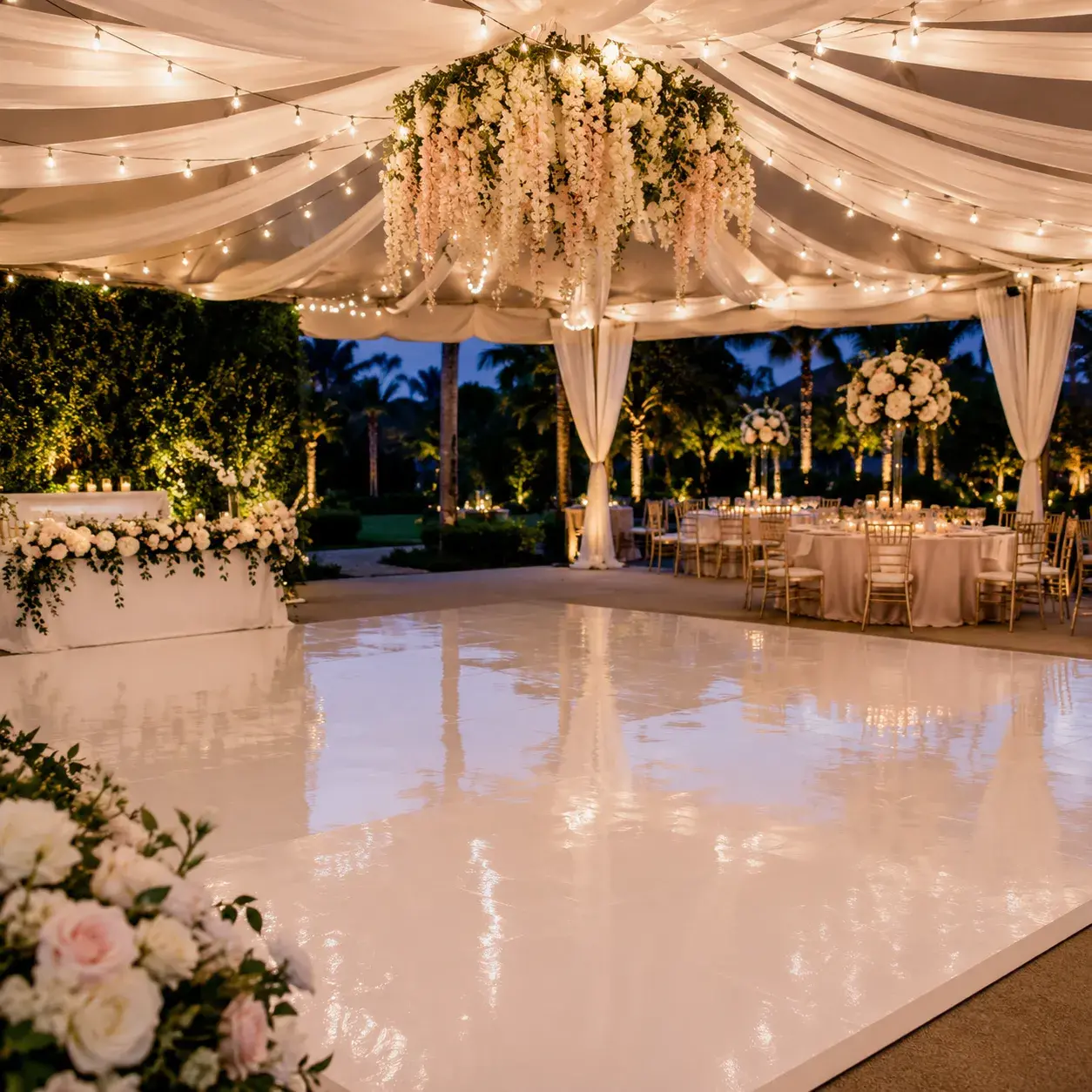 Elegant white dance floor rental by Ramos Party Rentals under a decorated event tent with floral arrangements, string lights, and reception tables.