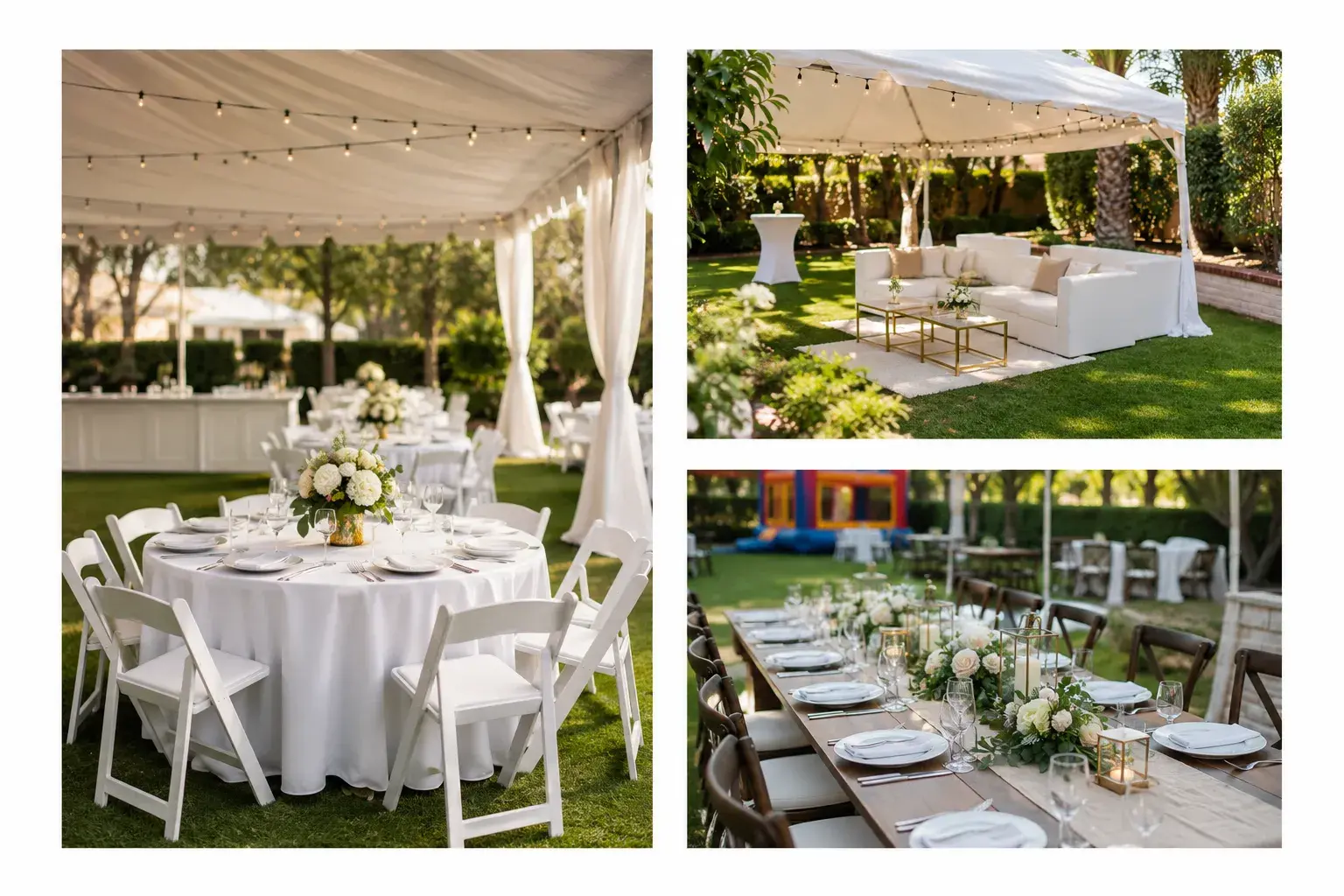 Outdoor event collage by Ramos Party Rentals in Orange County, California, featuring decorated tables, white chairs, lounge seating, tents, and floral arrangements.