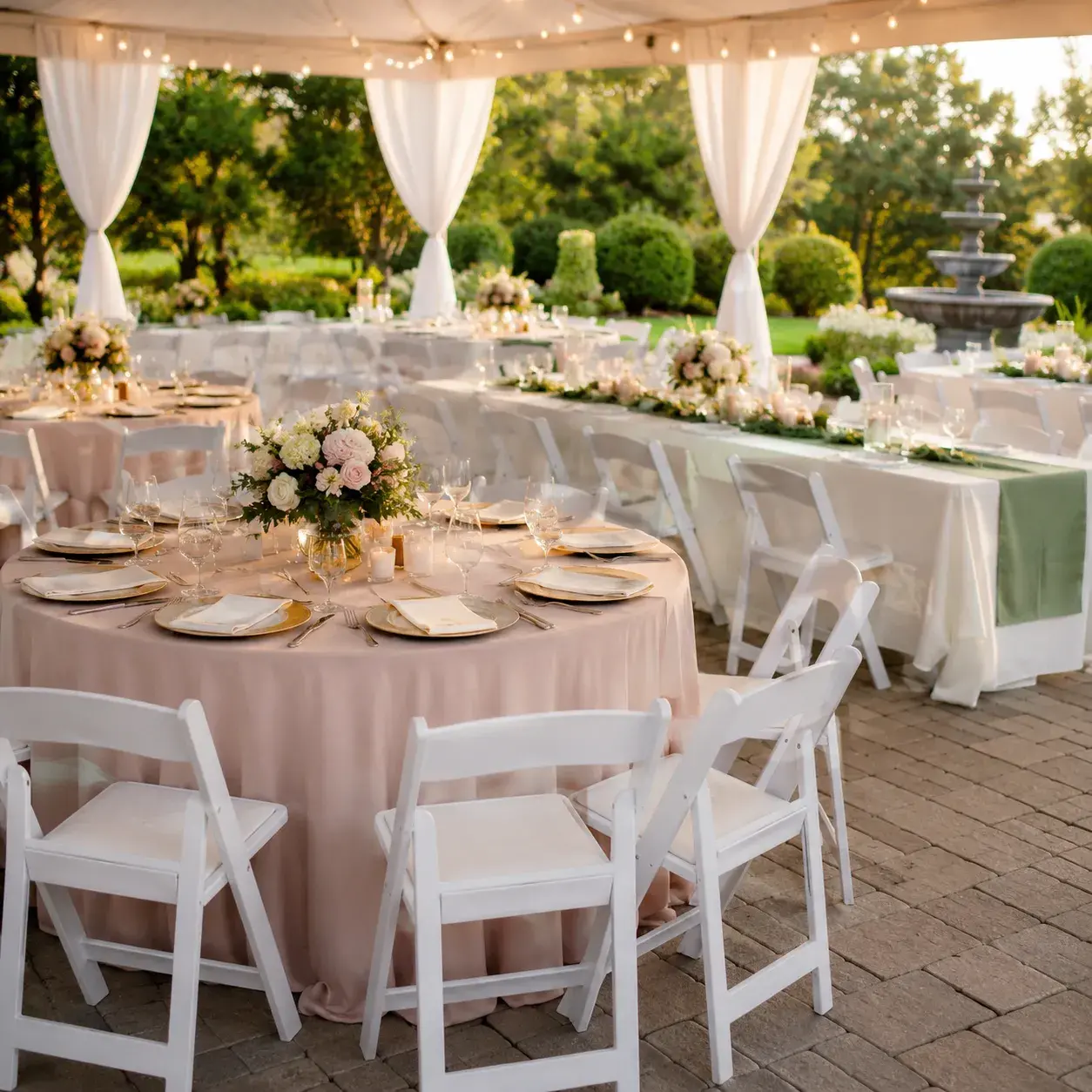 Elegant outdoor seating and table setup by Ramos Party Rentals with white chairs, decorated tables, linens, and floral centerpieces.