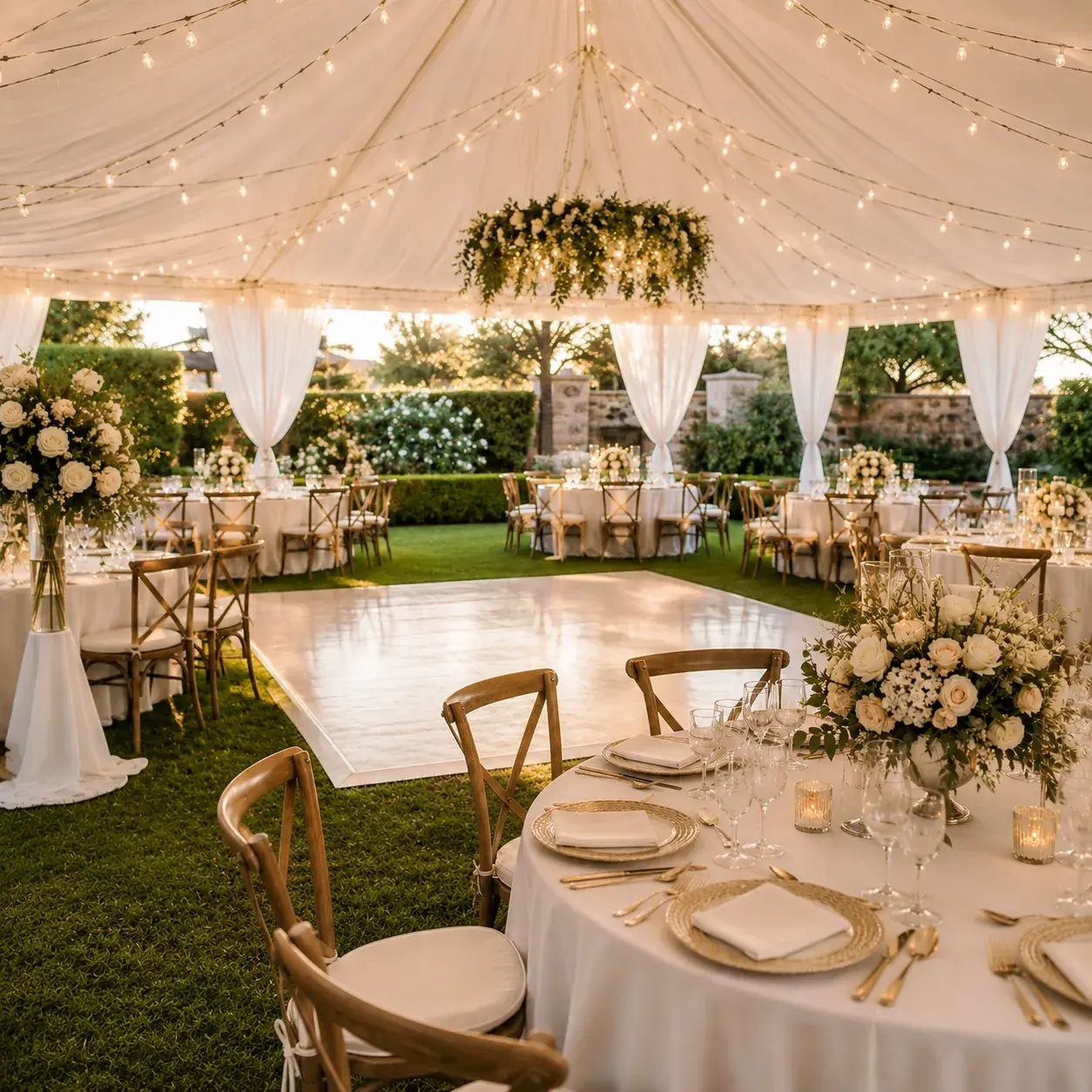Elegant wedding tent and dance floor setup by Ramos Party Rentals in Orange County, California, with decorated tables, floral arrangements, and warm string lights.