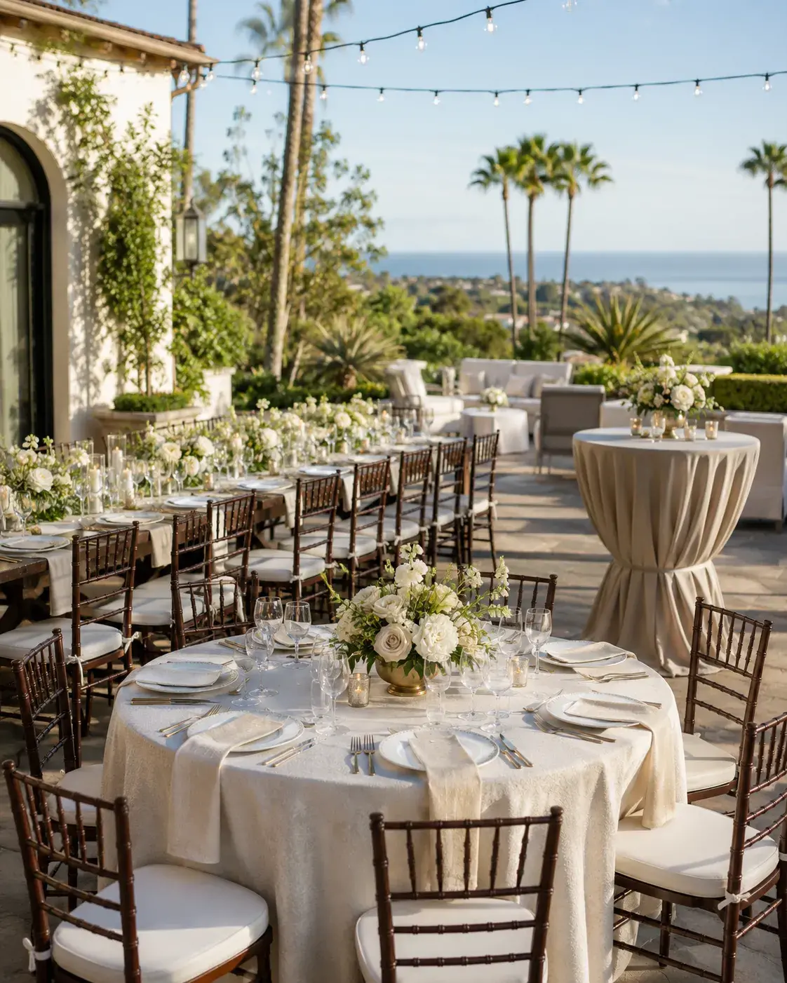 Elegant round event table in Orange County, California, with gold chairs, floral centerpiece, candles, fine tableware, and outdoor sunset setting.