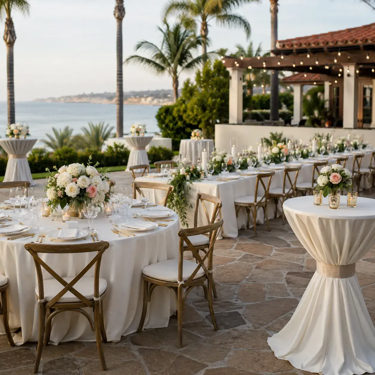 Elegant white dance floor rental by Ramos Party Rentals under a decorated event tent with floral arrangements, string lights, and reception tables.