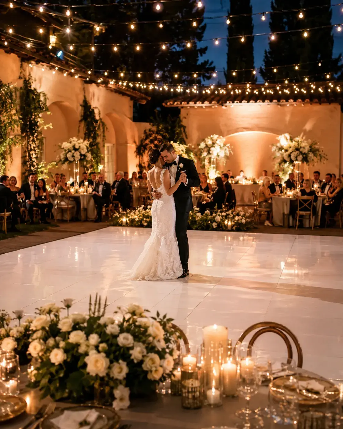 Elegant white dance floor rental by Ramos Party Rentals under a decorated event tent with floral arrangements, string lights, and reception tables.