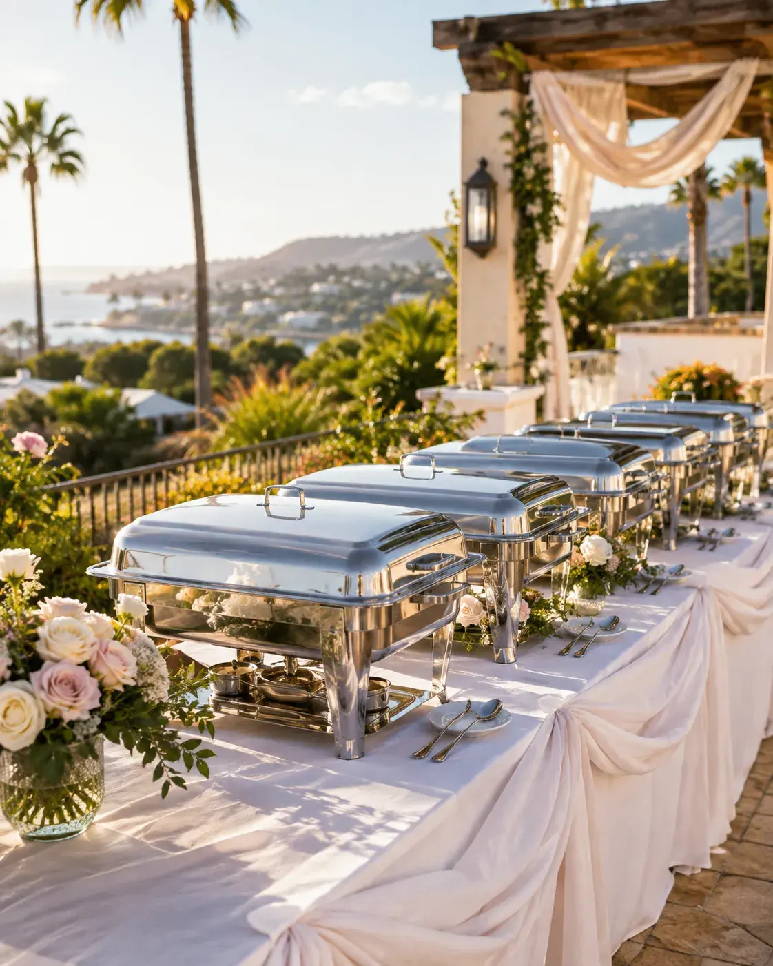 Elegant round event table in Orange County, California, with gold chairs, floral centerpiece, candles, fine tableware, and outdoor sunset setting.