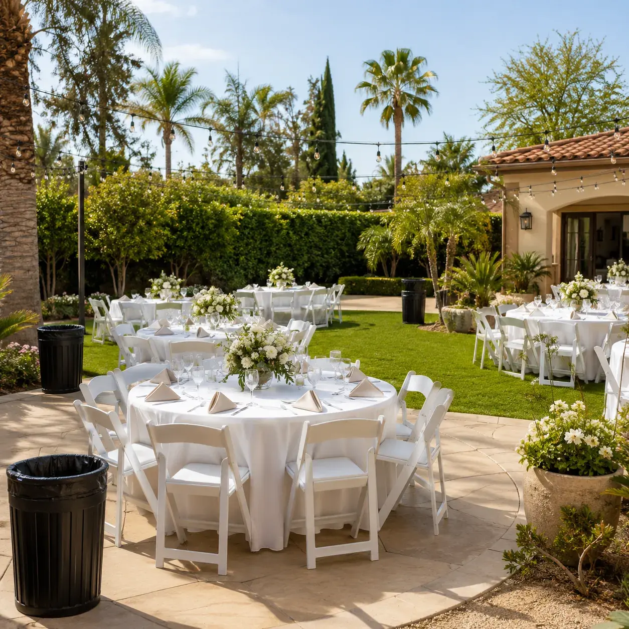 Elegant white dance floor rental by Ramos Party Rentals under a decorated event tent with floral arrangements, string lights, and reception tables.