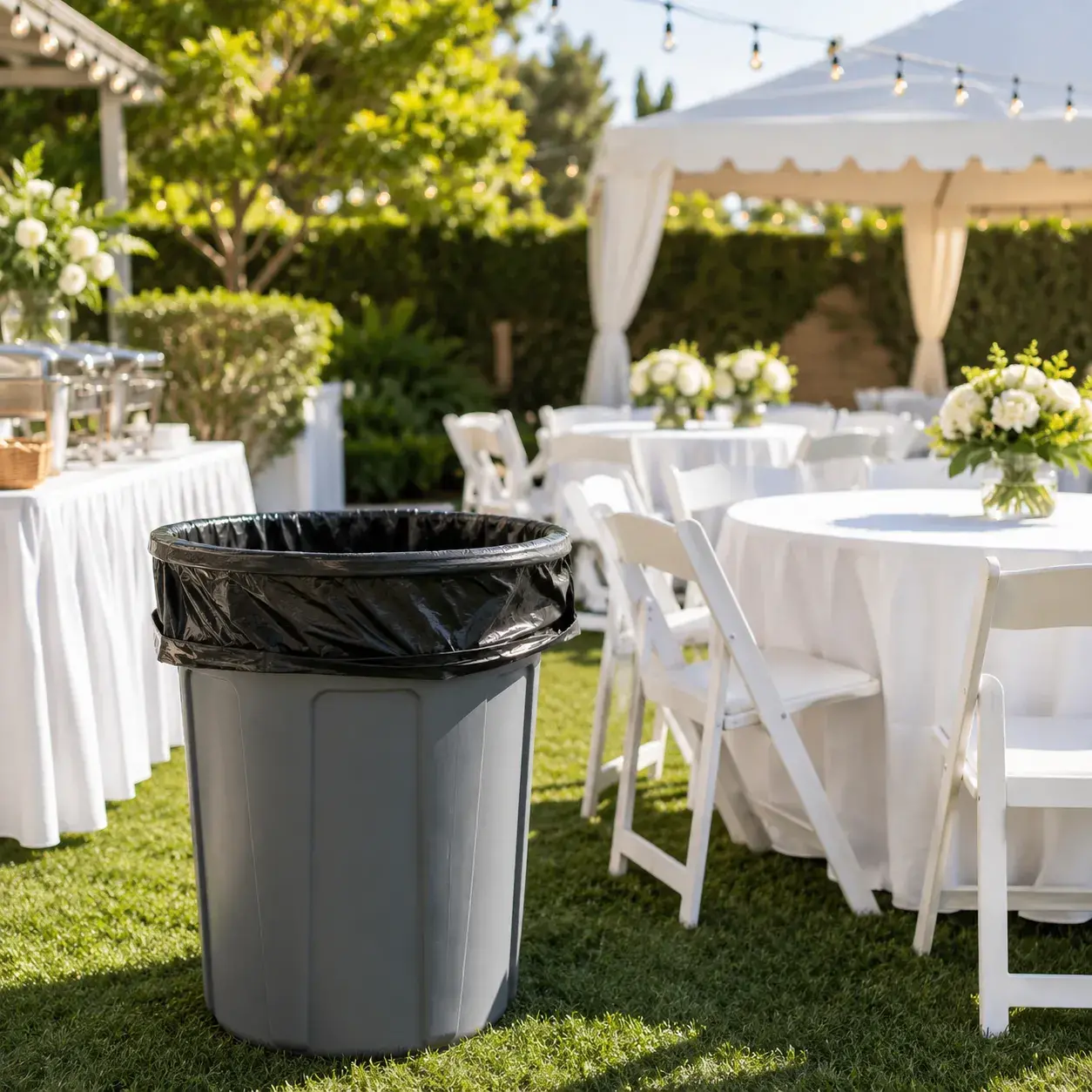 White event tent rental by Ramos Party Rentals with elegant tables, chairs, lighting, and shade for outdoor celebrations.