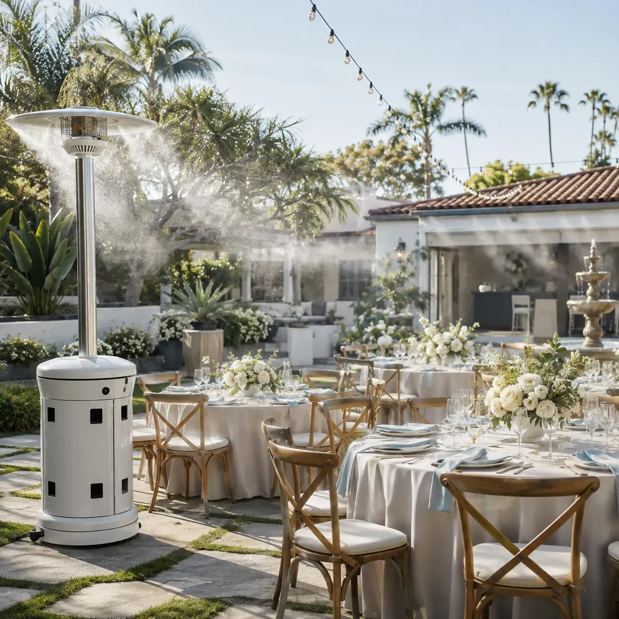 Elegant white dance floor rental by Ramos Party Rentals under a decorated event tent with floral arrangements, string lights, and reception tables.