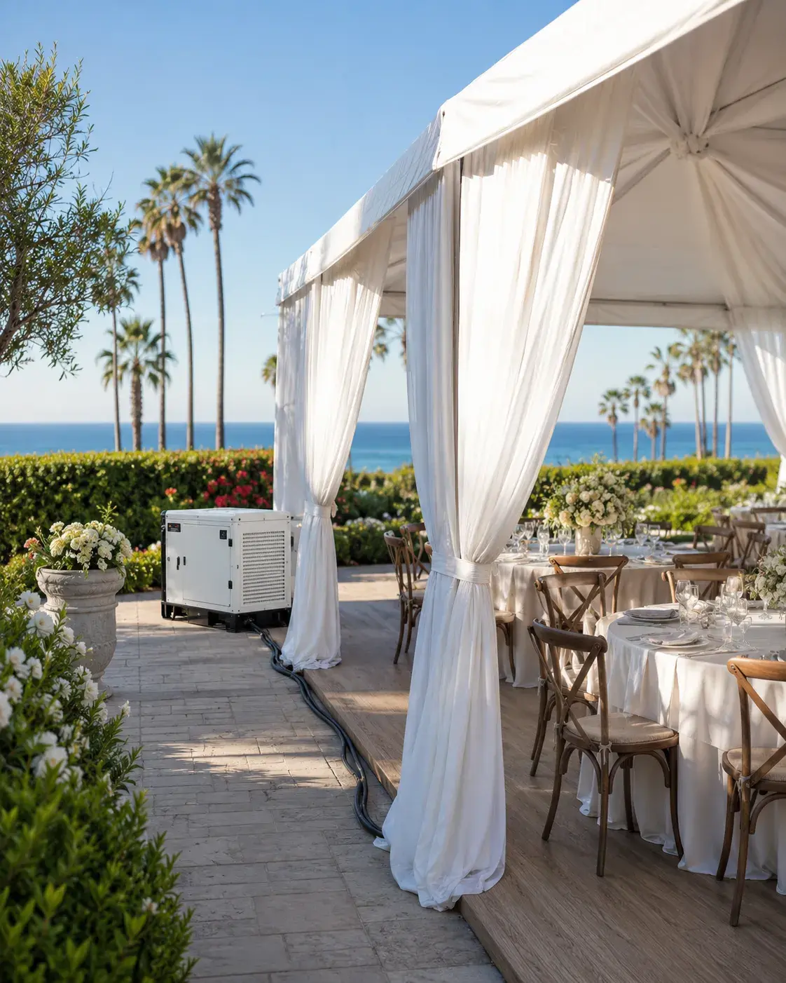 Elegant round event table in Orange County, California, with gold chairs, floral centerpiece, candles, fine tableware, and outdoor sunset setting.