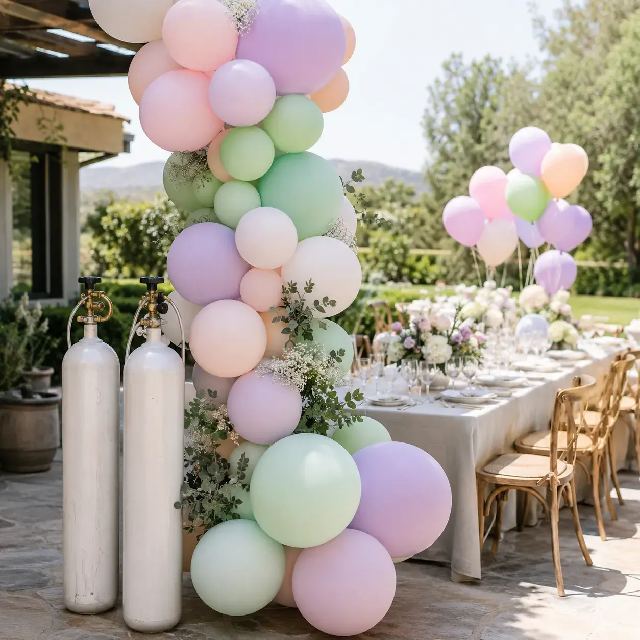 Elegant white dance floor rental by Ramos Party Rentals under a decorated event tent with floral arrangements, string lights, and reception tables.