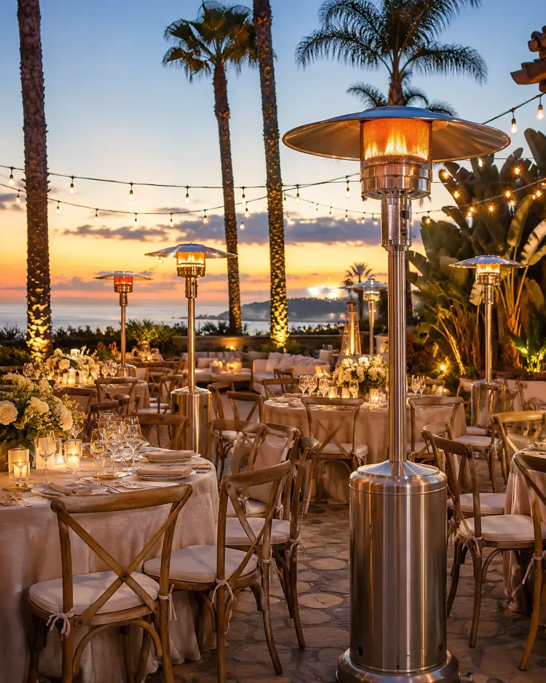 Elegant round event table in Orange County, California, with gold chairs, floral centerpiece, candles, fine tableware, and outdoor sunset setting.