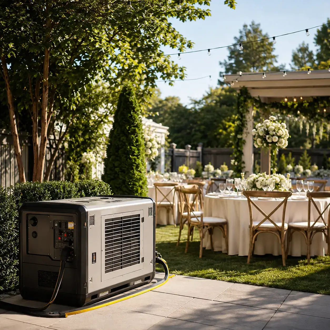 White event tent rental by Ramos Party Rentals with elegant tables, chairs, lighting, and shade for outdoor celebrations.