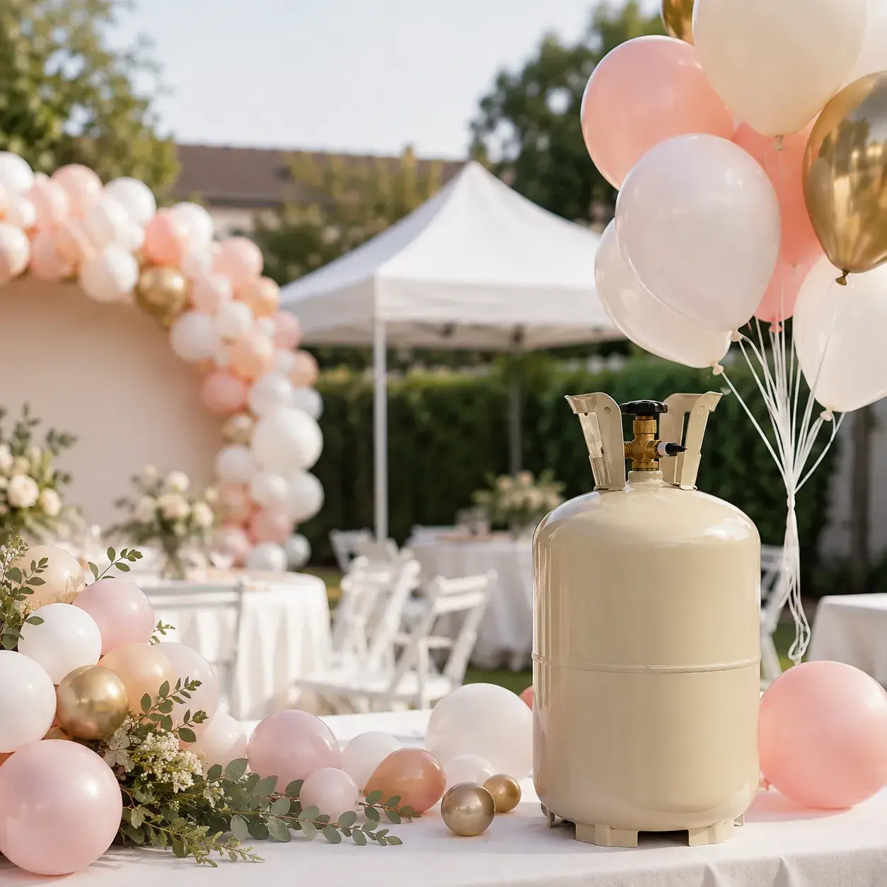 White event tent rental by Ramos Party Rentals with elegant tables, chairs, lighting, and shade for outdoor celebrations.