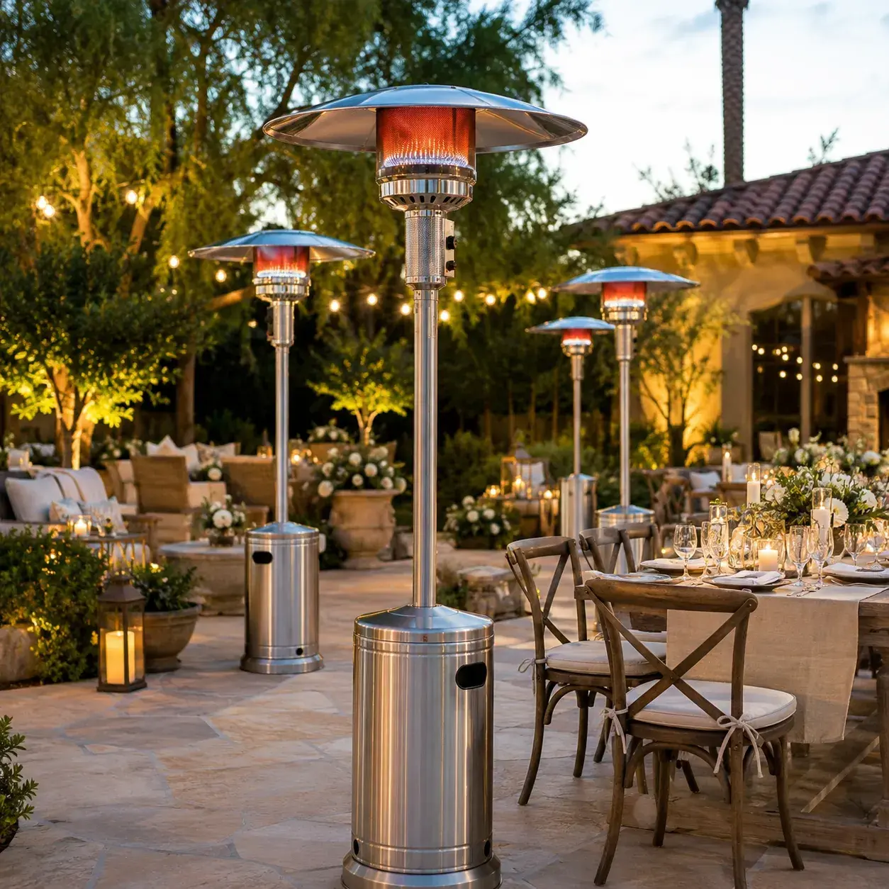 White event tent rental by Ramos Party Rentals with elegant tables, chairs, lighting, and shade for outdoor celebrations.