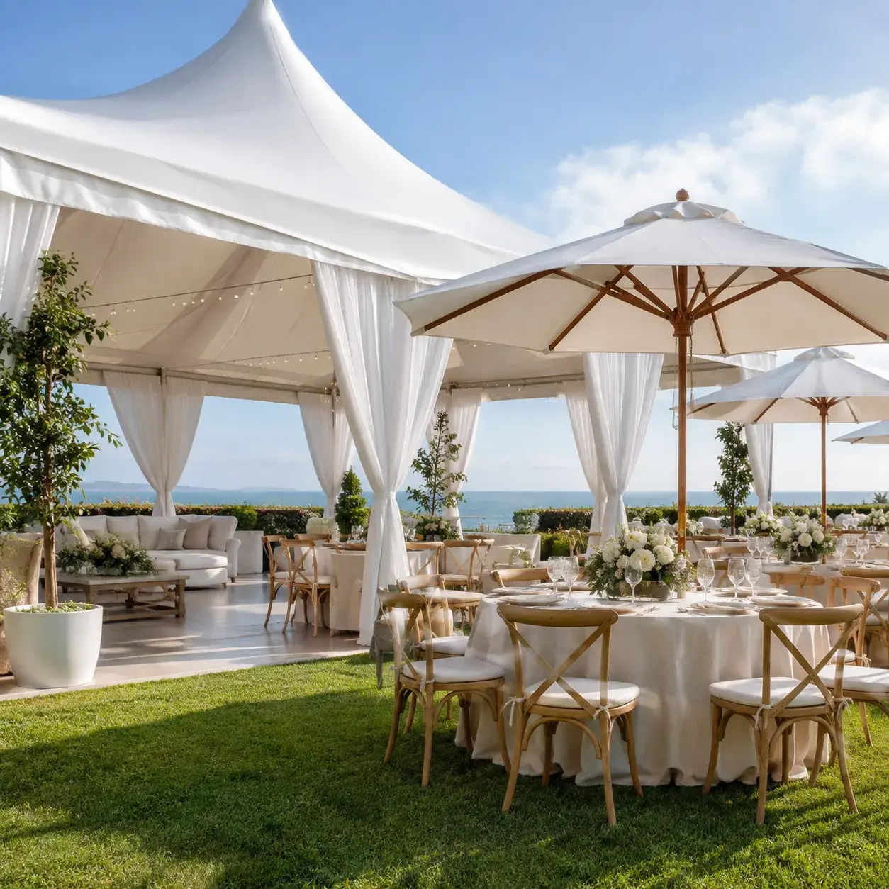 reliable-shade-rentals-outdoor-event-orange-county-ca White event tent rental by Ramos Party Rentals with elegant tables, chairs, lighting, and shade for outdoor celebrations.