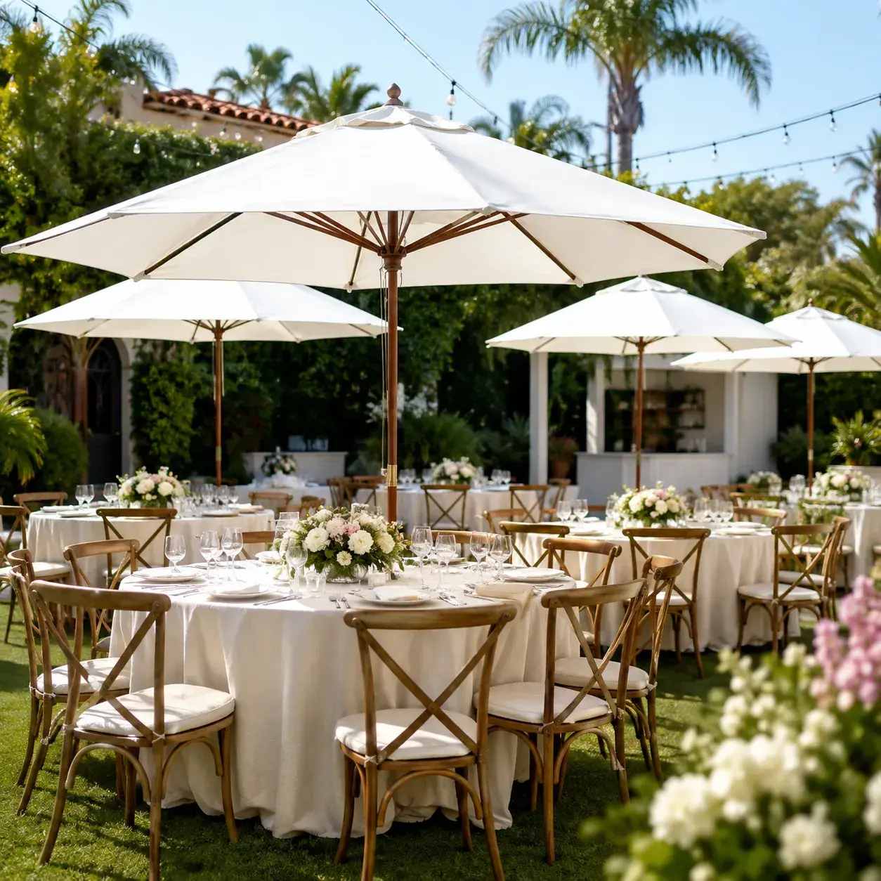 reliable-umbrella-rentals-outdoor-setup-orange-county-ca White event tent rental by Ramos Party Rentals with elegant tables, chairs, lighting, and shade for outdoor celebrations.