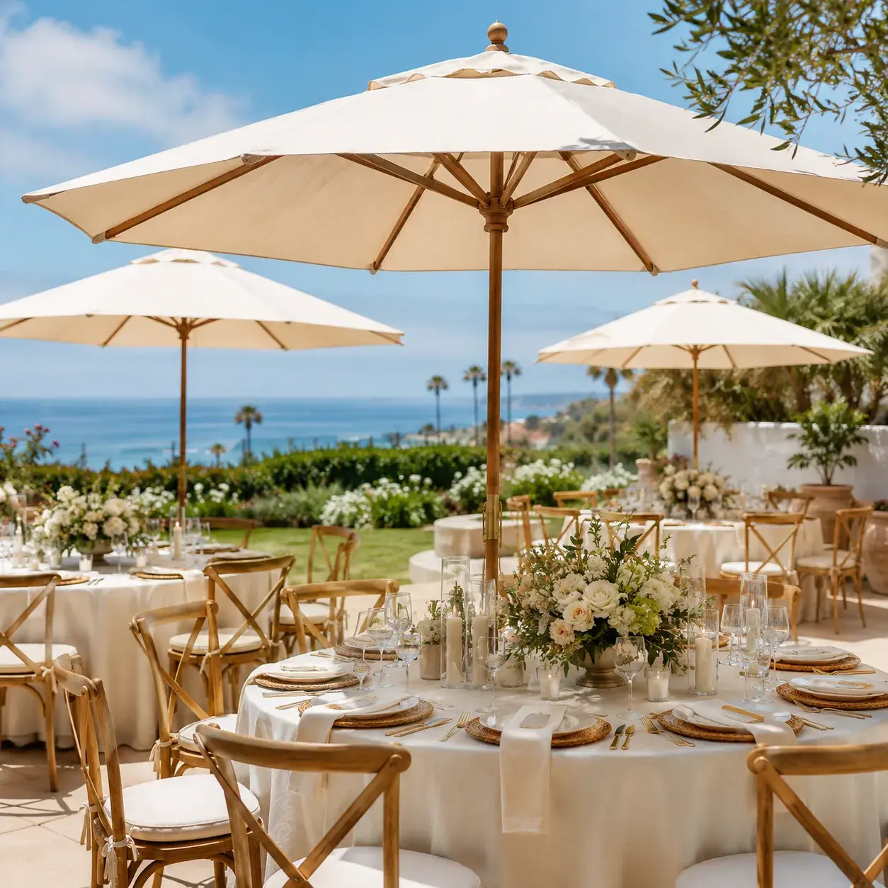 stylish-umbrella-shade-outdoor-event-orange-county-ca Elegant white dance floor rental by Ramos Party Rentals under a decorated event tent with floral arrangements, string lights, and reception tables.