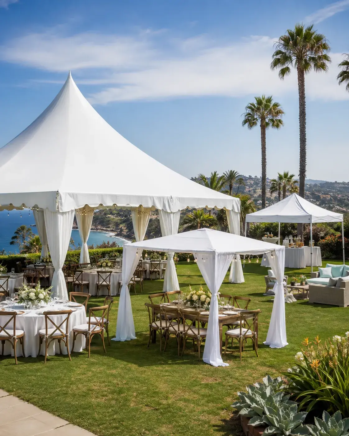 tent-canopy-ezup-rental-options-orange-county-ca Elegant round event table in Orange County, California, with gold chairs, floral centerpiece, candles, fine tableware, and outdoor sunset setting.