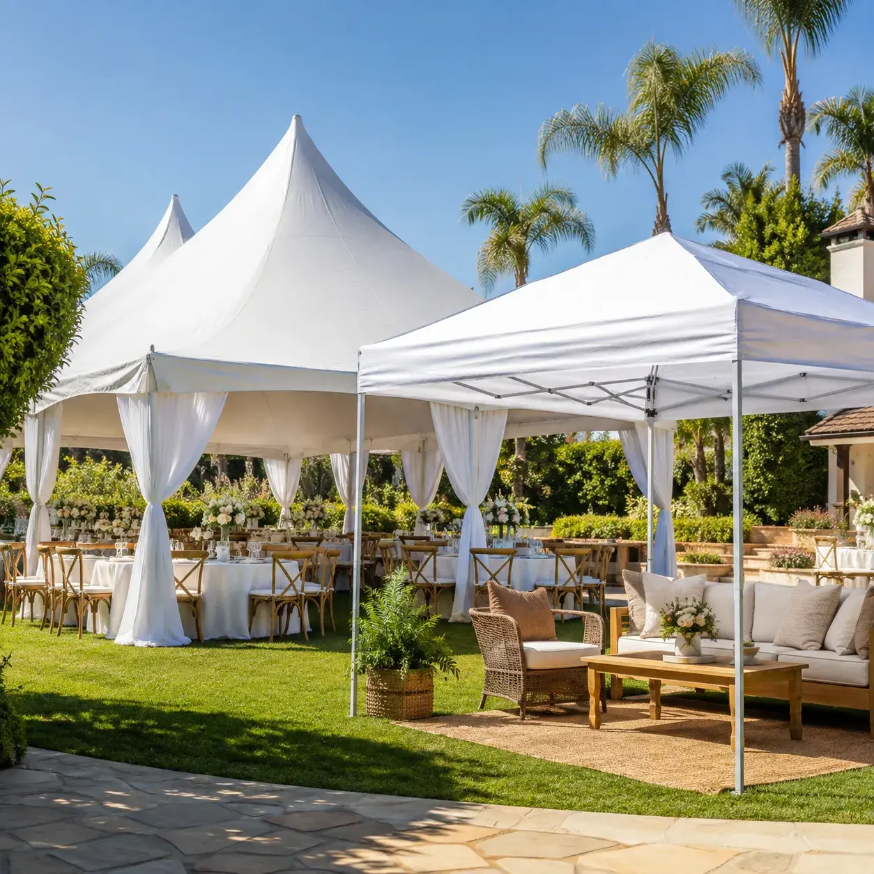 tents-canopies-ezups-event-rentals-orange-county-ca Elegant white dance floor rental by Ramos Party Rentals under a decorated event tent with floral arrangements, string lights, and reception tables.