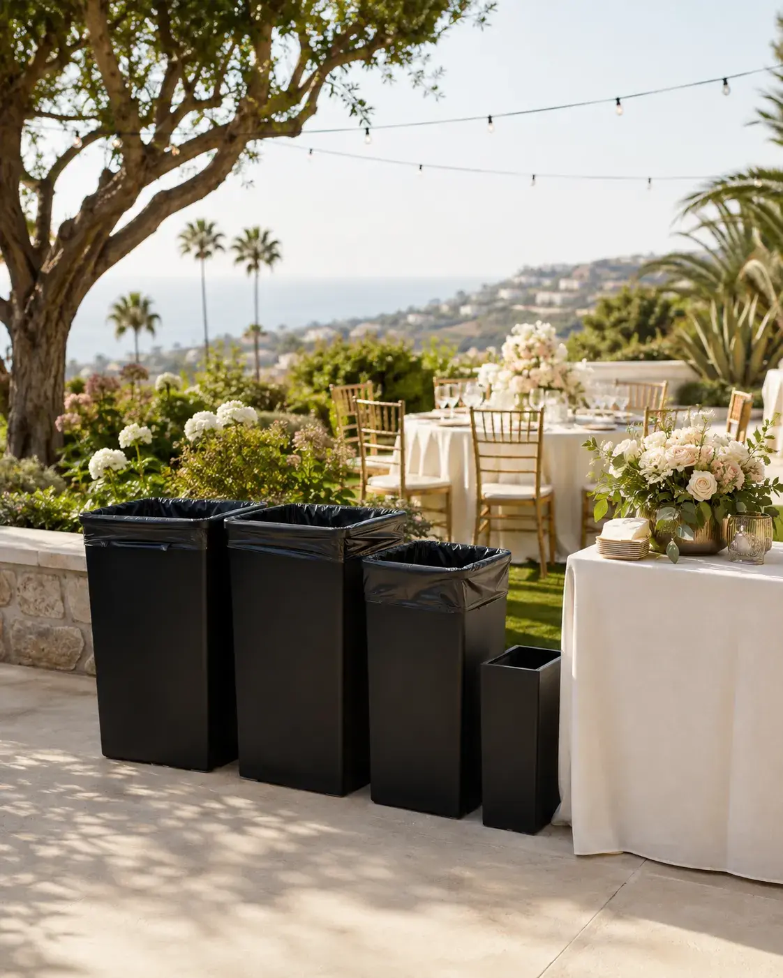 Elegant round event table in Orange County, California, with gold chairs, floral centerpiece, candles, fine tableware, and outdoor sunset setting.