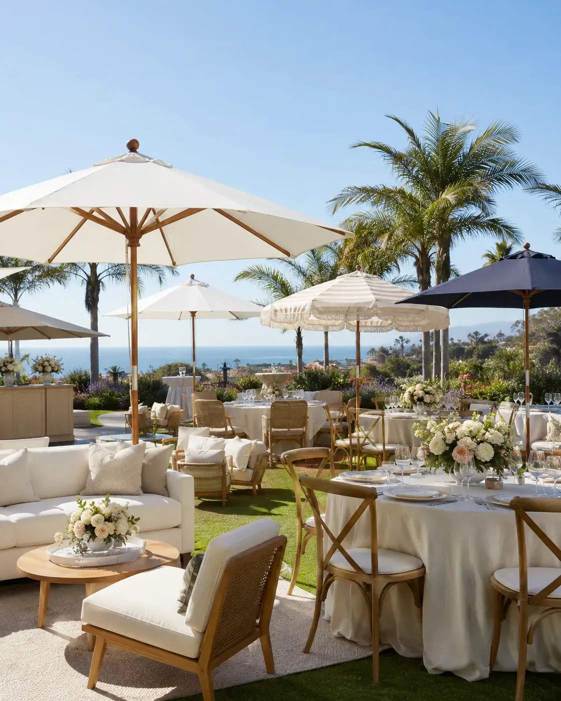 umbrella-rental-options-orange-county-ca Elegant round event table in Orange County, California, with gold chairs, floral centerpiece, candles, fine tableware, and outdoor sunset setting.