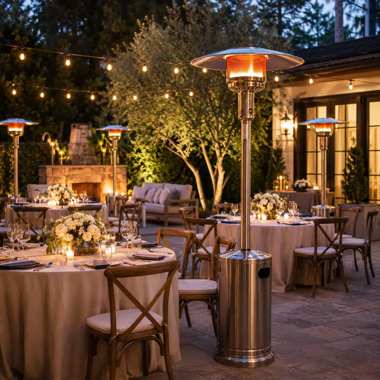 Elegant white dance floor rental by Ramos Party Rentals under a decorated event tent with floral arrangements, string lights, and reception tables.